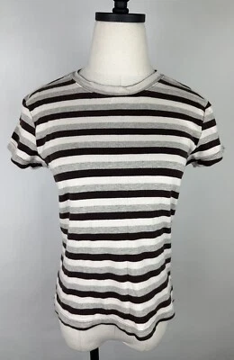 Vintage Y2K OLD NAVY Babydoll Tee S Chocolate Brown Striped T-Shirt Grunge Boho - Image 1 of 4
