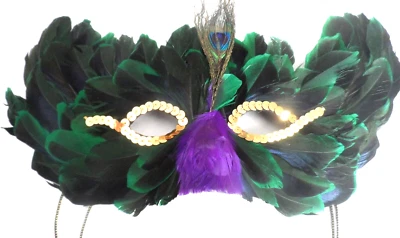 Feathered Green & Purple Mask - MARDI GRAS MASQUERADE PARTY EYE MASK - Image 1 of 2