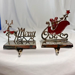 2 Silver Tone Chrome Stocking Hangers Red Enamel Accent Deer & Sleigh Christmas - Picture 1 of 4