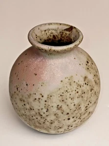 Small Round Art Pottery Vase, 3.5 inches Tall, Gray and Blush Glaze" - Picture 1 of 6