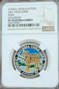 2001 TOGO SILVER 500 FRANCS WILDLIFE TIGER NGC PF 70 ULTRA CAMEO PERFECT POP 1 - Picture 1 of 4