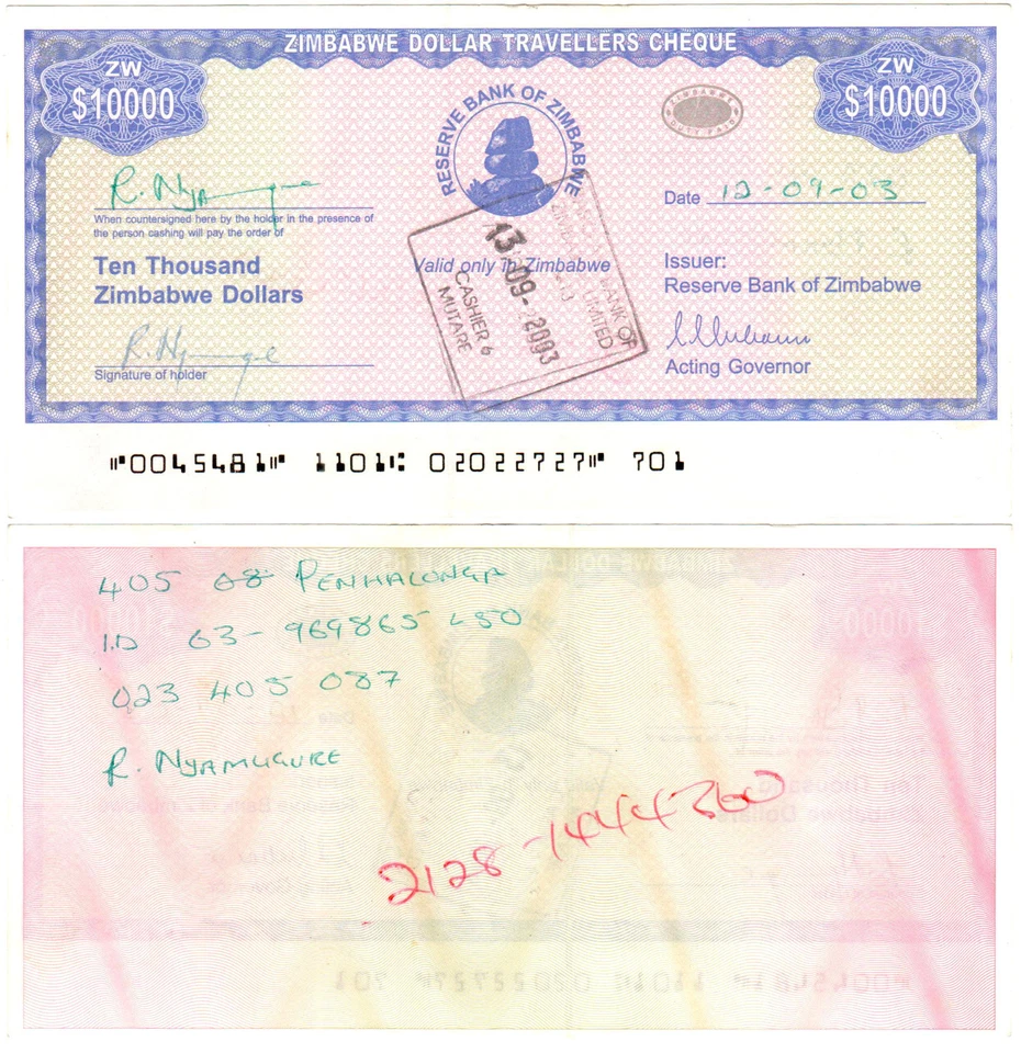 Zimbabwe Travellers Cheque 10 000 Dollars P#17 (2003)  - Image 1 of 1