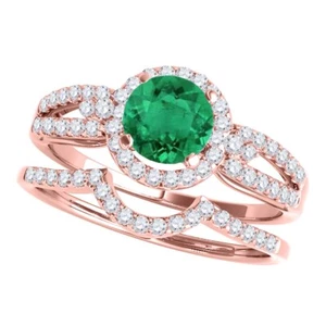 1.25 Ct. Halo Emerald And Diamond Engagement Bridal Set In 14k Gold - Picture 1 of 28