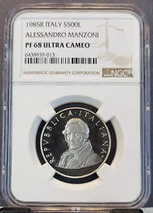 1985 ITALY SILVER 500 LIRE ALESSANDRO MANZONI NGC PF 68 ULTRA CAMEO LOW MINTAGE - Picture 1 of 3