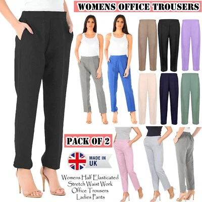 Womens Trousers Ladies Half Elasticated Stretch Waist Work Office Pants Pack 2 - Image 1 of 4
