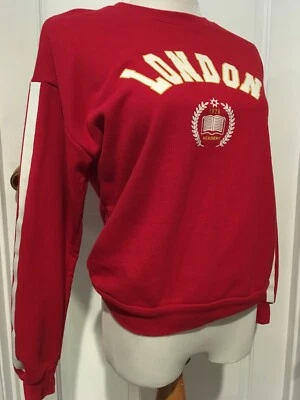 Women's Size Small Red LONDON Sweatshirt Forever 21 Gold White Stripe Sleeve - Image 1 of 3