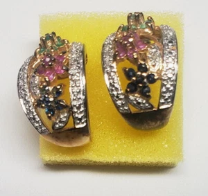 VTG Vermeil Pierced Earring Loops Sterling Silver Gold Emeralds Sapphires - Picture 1 of 3