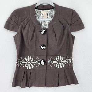 Elevenses Jacket Womens 0 Brown Linen Cotton Blend Blazer Anthropologie Peplum - Picture 1 of 10