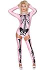 NEW Skeleton Costume Bone Print Bodysuit Garters Thigh High Stockings Pink