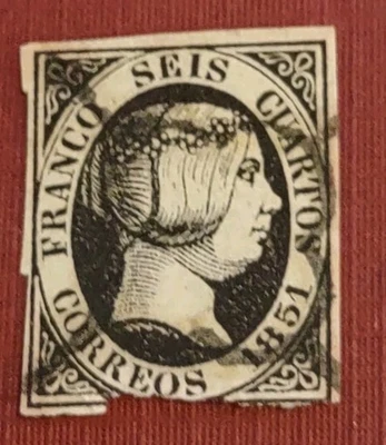 Old Rare Spain Stamp 1851 Queen Esabell Imperf Used Original black (2502_1) - Image 1 of 2