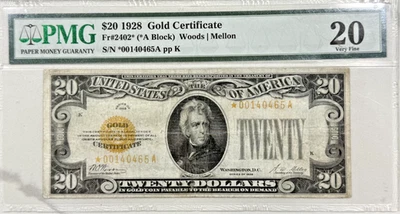 1928 $20 Gold Certificate Star Note, Fr#2402, PMG VF 20 - A few Pin Holes - Image 1 of 4