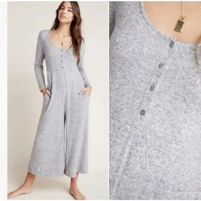 By Anthropologie  Marisa Hacci Heathered Gray Wide Leg Knit Jumpsuit Cropped S - Image 1 of 4