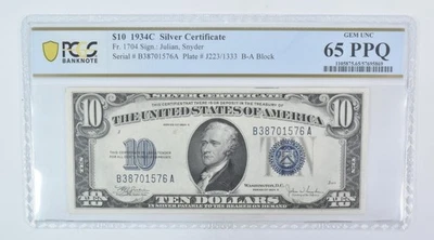 1934 C $10 Silver Certificate Fr#1704 Gem Unc 65 PPQ PCGS *5978 - Image 1 of 3