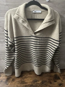 Zara Polo Pullover Langarm Pulli Knöpfe Gr. S beige mit blauen Streifen - Bild 1 von 3