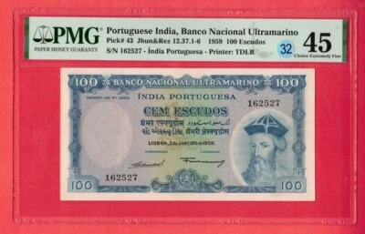 PORTUGUESE INDIA 100 ESCUDOS P# 43 1959 Rare UNC PMG 45 Lt 32 - Image 1 of 2