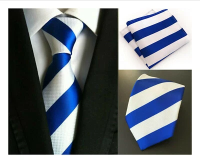 Conjunto cuadrado de bolsillo con corbata de club a rayas azules blancas para hombre hecha a mano para boda Foto 1 de 4