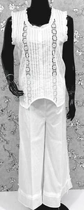 Victorian White 100% Cotton Pajama Set with Wide Leg Pants - SoieRose SR1175 - Picture 1 of 8