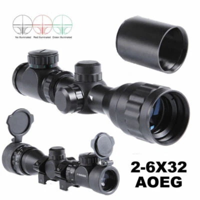 2-6X32AOEG Red/Green Rangefinder Rifle Scope w/Ring Mount & Sunshade Hunting - Image 1 of 4