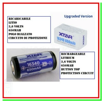 Batteria 16340 per torcia Led Ricaricabile Litio Pila XTAR RCR123 Protetta PCB