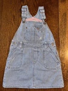 OshKosh BGosh Vestbak Railroad Striped Jumper Overalls Dress 4 Blue Embroidered - Picture 1 of 14