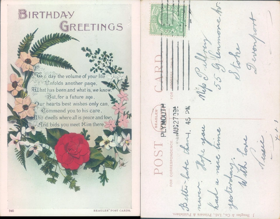 Birthday greetings with flowers J Beagles Co Ltd 1930 postmark Floral Gardens - Image 1 of 1