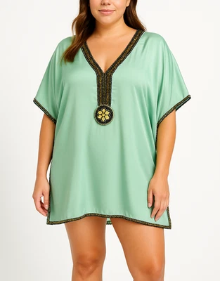 Túnica Le Mon Sea Life com miçangas Kaftan cobertura verde perfeito mistura de seda resort - Imagem 1 de 4