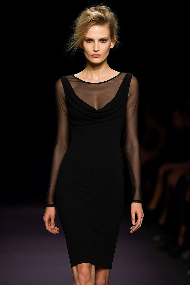 Vestido Vera Wang Mujer 12 Negro Malla Transparente Manga Larga Cuello Drapeado Cóctel Foto 1 de 4