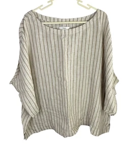 M&S Damen Top gestreift 100% Leinen UK 24 Kurzarm Sommer beige & creme - Bild 1 von 7