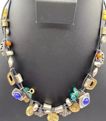 Chicos Black Cord Silver Gold Charms Beaded Necklace 16” to 20” EUC - Image 1 of 4