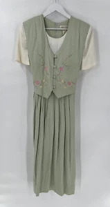 Allison-Che Vintage Kleid Damen 14 salbeigrün Plissee Blumen bestickt Weste - Bild 1 von 19