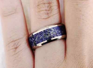 Men’s Tungsten Blue Lapis Inlay & Beveled Edges Wedding Band Ring - 8mm Wide - Picture 1 of 4