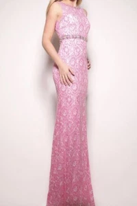 Vienna Prom Long Lace Gown Pink AB Crystal Accent Waist Size 10 NWT - Picture 1 of 10