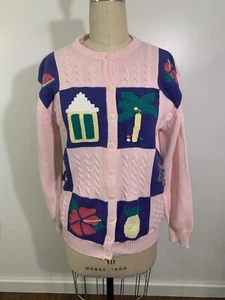 Vintage Cardigan Sweater Cottage Beach Embroidery Large - Picture 1 of 10