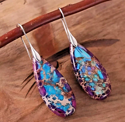 Natural Purple Sea Sediment Jasper Teardrop Dangle Healing Protection Earrings Foto 1 de 4