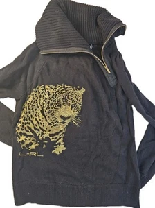 Ralph Lauren Active LRL Sweater Womens Large Black Gold Cheetah Leopard Zip - Picture 1 of 7