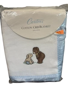Carters Teddybär Welpe Hund Baby Decke weiß Satin blauer Rand Vintage Made USA - Bild 1 von 6