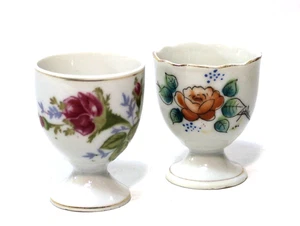 Vintage Egg Cups Pink Roses Porcelain White Set 2 - Picture 1 of 7