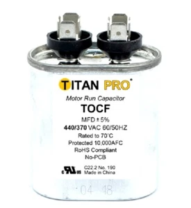 Condensador de funcionamiento ovalado de doble clasificación Titan TOCF5 5 MFD 440/370V - nuevo - Imagen 1 de 1