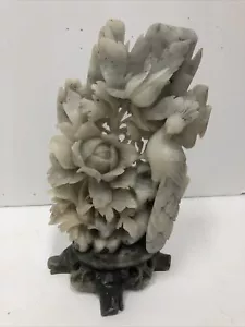 Vintage Oriental Hand Carved soapstone peacock & flowers 8 3/4” Tall - Picture 1 of 9