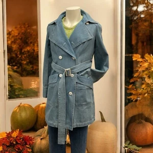 Fossil Womens Denim Belted Trench Coat Double Breasted Size Medium - Picture 1 of 22