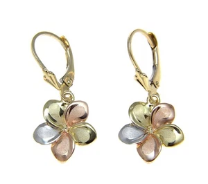 11MM SOLID 14K TRICOLOR GOLD HAWAIIAN FANCY PLUMERIA FLOWER EARRINGS LEVERBACK - Picture 1 of 2
