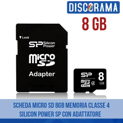 SCHEDA MICRO SD 8GB MEMORIA CLASSE 4 SILICON POWER SP CON ADATTATORE CAMERA - Immagine 1 di 2