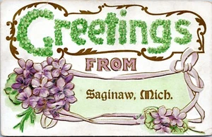 Saginaw Michigan Postcard 1910 Greetings From Saginaw Embossed MD - Picture 1 of 2