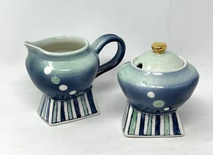 Kinichi Shigeno Sugar Creamer Set Artist Pottery Blue Ceramic Fish Theme RARE - Picture 1 of 22