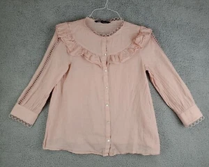 Zara camicia donna piccola rosa con volant manica lunga top blusa 50% cotone - Foto 1 di 12