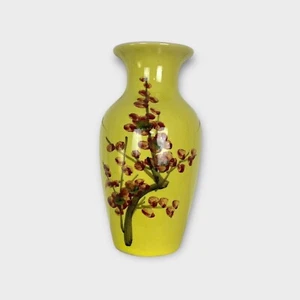 VTG Small Ceramic Decorative Vase Bright Yellow Asian Floral Bookshelf Decor 6" - Picture 1 of 6