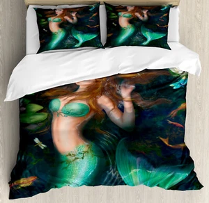 Fairytale Duvet Cover Set with Pillow Shams Mermaid Lake Lilies Print - Picture 1 of 8