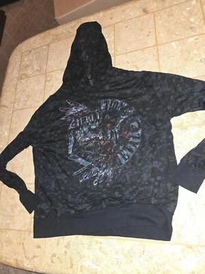 SEÑORAS AFLICCIÓN MEDIANA M VER A TRAVÉS LIGERO SUDADERA CON CAPUCHA SEXY ENCAJE JERSEY AÑOS 90 Foto 1 de 4