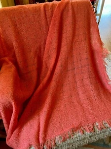 VTG Muted Orange Mohair Fringed Throw Subtle Checked Pattern 44" Square - Picture 1 of 3