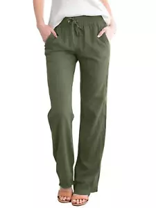 Damen Freizeit Baumwolle Leinen Hose Elastischer Bund Gerades Bein Solide Lange Hose - Bild 1 von 8